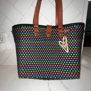 NWT MARIA VICTORIA Black Multicolor Hand Woven Tote Bag